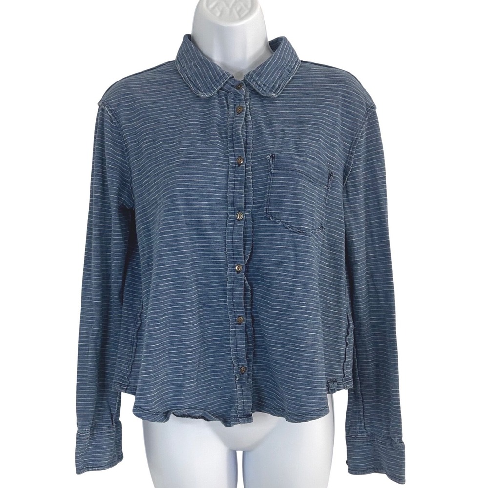 We The Free Free People Women's S Blue Striped Button Down Shirt Boho Boxy Indie